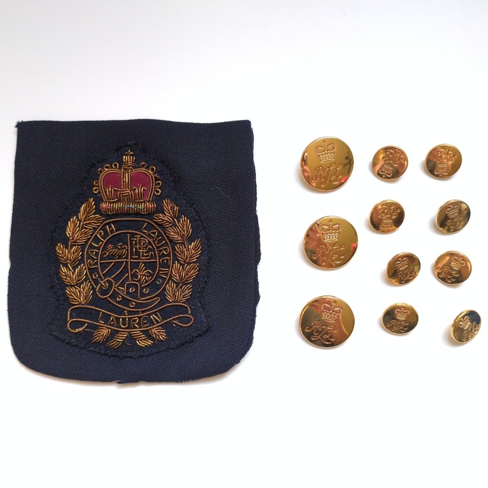 Vtg Ralph Lauren Blazer Crown Script LRL Buttons & Crest Patch Set Gold Mirror